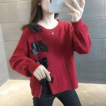 Женский свитер с длинными рукавами и разрезом в виде банта, однотонный вязаный женский пуловер с круглым вырезом, весна-осень, свободный повседневный топ One Size чёрный
