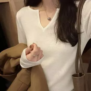 Женский свитер с длинными рукавами и V-образным вырезом в стиле ленивой моды на осень и зиму, новый облегающий крой, внутренняя часть футболки, модная рубашка S