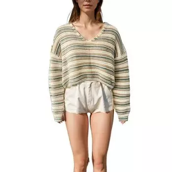 Женский свитер с длинными рукавами и V-образным вырезом, свободный полосатый вязаный свитер L жёлтый/зелёный