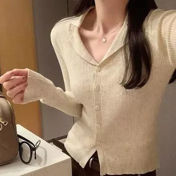 Женский свитер с длинными рукавами в полоску с французскими лацканами, осень-зима, новый облегающий кардиган с внутренним верхом S