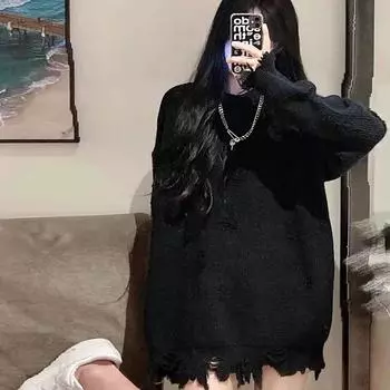 Женский свитер с дырочками, однотонный, на весну и осень, вязаный свитер с узором «свитер» 2XL чёрный