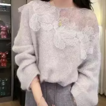 Женский свитер с французским кружевом и ажурными цветами на осень и зиму, ленивый свободный трикотажный топ для женской одежды S