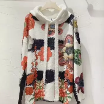 Женский свитер с капюшоном 2024 года с 3D-цветочным принтом и ромбовидной инкрустацией One Size