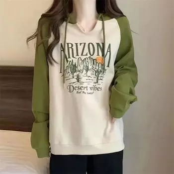 Женский свитер с капюшоном больших размеров, повседневный топ с длинным рукавом и принтом, свободный пуловер M зелёный