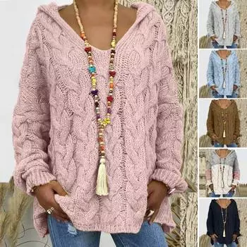 Женский свитер с капюшоном, длинный рукав, скрученная текстура, свободный свитер, однотонный, свободный крой, ребристые манжеты, трикотажные топы XXXL чёрный