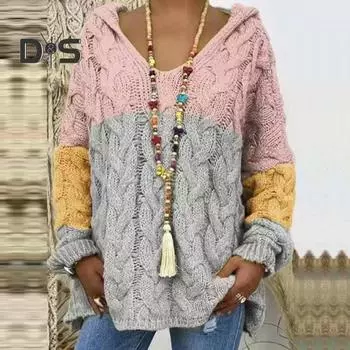 Женский свитер с капюшоном, длинный рукав, скрученная текстура, свободный свитер, однотонный, свободный крой, ребристые манжеты, трикотажные топы XXXL светло-розовый