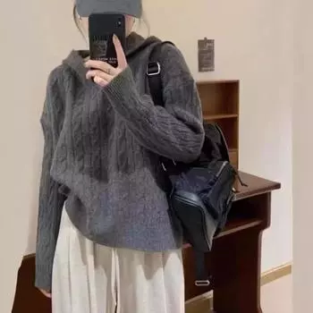 Женский свитер с капюшоном Fried Dough Twists, универсальный свободный вязаный пуловер One size fits all серый