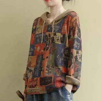 Женский свитер с капюшоном и длинным рукавом, контрастный принт, шнуровка, сборка, мультфильм, мода, повседневный трикотажный свитер M хаки