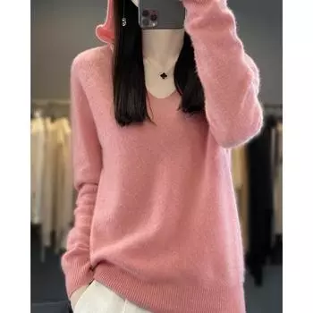 Женский свитер с капюшоном и V-образным вырезом, кашемир Цинхэ, 30% кашемир, 70% шерсть, зимний вязаный пуловер, осенний свитер, кашемировый свитер L бежевый