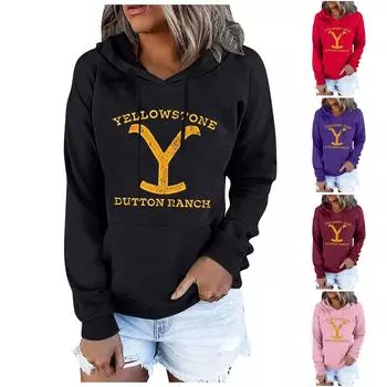 Женский свитер с капюшоном и воротником-стойкой с принтом YellowStone и длинными рукавами One size чёрный