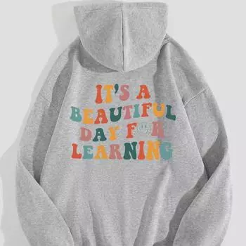 Женский свитер с капюшоном из флиса с капюшоном и принтом на плечах и рукавах сзади и цветными буквами и карманом-кенгуру XS серый