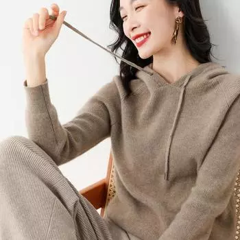 Женский свитер с капюшоном: Новый свободный свитер из пряжи Core-Spun на осень/зиму L