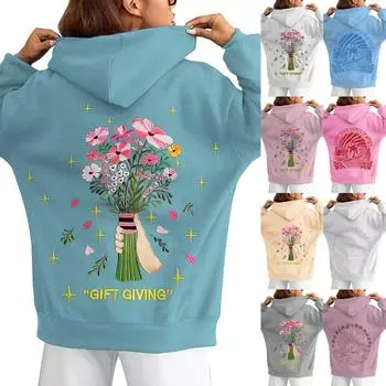 Женский свитер с капюшоном с открытыми плечами и рукавами с нитью и принтом M