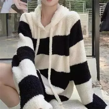 Женский свитер с капюшоном в черно-белую полоску, новая мягкая вощеная верхняя одежда, свободный, средней и длинной длины, ленивый, не продуваемый, вязаный свитер One Size