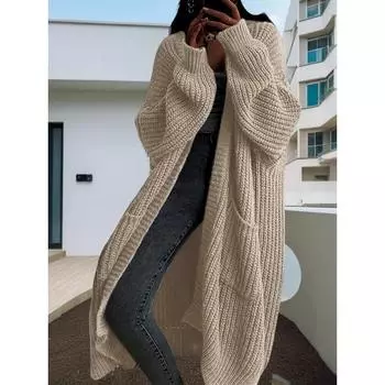 Женский свитер с карманами, кардиган, вязаная куртка, вязаный крючком, свободный, длинный, зимний, макси, теплый джемпер, пальто, кардиганы S хаки