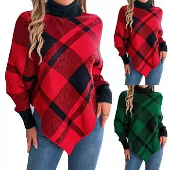 Женский свитер с контрастной клетчатой водолазкой и длинными рукавами, рождественский свитер, пуловер L красный