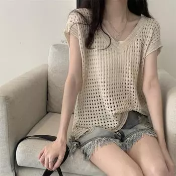 Женский свитер с коротким рукавом, легкий летний топ, свободный пуловер с V-образным вырезом One SIze белый