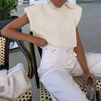 Женский свитер с коротким рукавом, жилет Y2k, свитер без рукавов, топы, водолазка, ребристый вязаный свитер, нарядный S бежевый