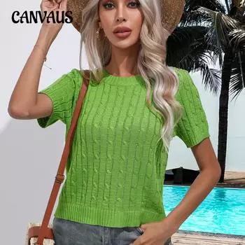 Женский свитер с короткими рукавами Twist, вязаный свитер, круглый вырез, однотонный трикотаж на весну и лето S белый