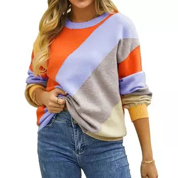 Женский свитер с круглым вырезом, цветные блоки, длинные рукава, свободный покрой, повседневный трикотажный топ, оранжевый, размер S S оранжевый