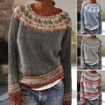 Женский свитер с круглым вырезом, дизайн с длинным рукавом, лоскутный цвет, вязаный джемпер свободного кроя, повседневный L светло-синий