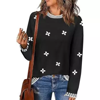 Женский свитер с круглым вырезом, длинный рукав, трикотажный свитер с боковыми разрезами, осенне-зимний свитер S чёрный