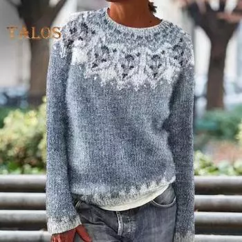 Женский свитер с круглым вырезом, длинный рукав, пэчворк, цветной вязаный джемпер, свободный крой, повседневный трикотаж XXL светло-синий