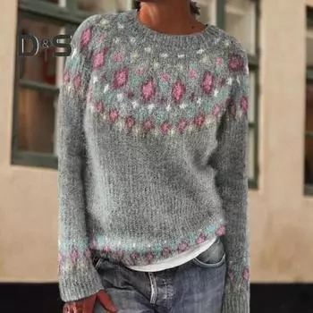 Женский свитер с круглым вырезом, длинный рукав, пэчворк, цветной вязаный джемпер, свободный крой, повседневный трикотаж XXL светло-синий