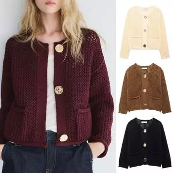 Женский свитер с круглым вырезом, длинный рукав, однобортное трикотажное пальто с карманами, однотонный S вино красного