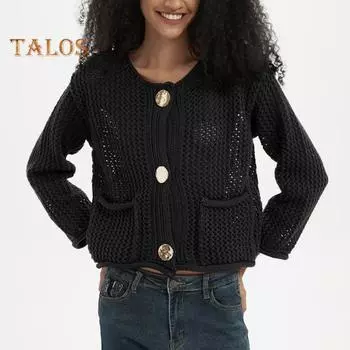 Женский свитер с круглым вырезом, длинный рукав, однобортный трикотажный свитер с карманами, однотонный кардиган S бежевый