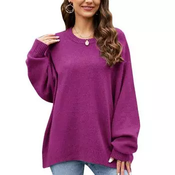 Женский свитер с круглым вырезом, длинный рукав, свободный крой, однотонный повседневный вязаный свитер с круглым вырезом, фиолетовый, размер M M фиолетовый