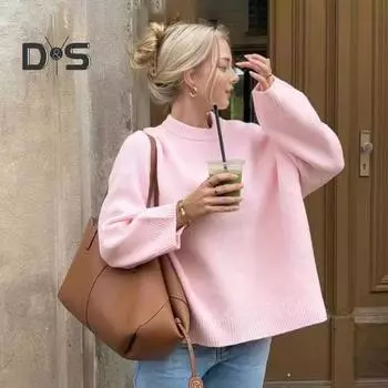 Женский свитер с круглым вырезом, длинным рукавом, однотонный, свободный крой, трикотажные топы с ребристой отделкой, повседневные пуловеры XL хаки