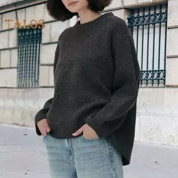 Женский свитер с круглым вырезом, длинным рукавом, однотонный, свободный крой, трикотажные топы с ребристой отделкой, повседневные пуловеры S розовый