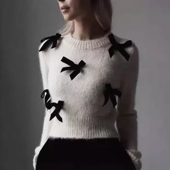 Женский свитер с круглым вырезом, длинным рукавом, однотонный трикотажный топ с бантом, повседневный стиль, трикотаж S белый