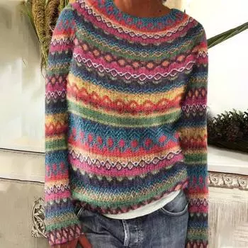 Женский свитер с круглым вырезом, длинным рукавом, графическим принтом, пуловер, свитер свободного кроя, толстый теплый трикотаж, повседневная одежда M кофейный