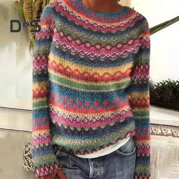 Женский свитер с круглым вырезом, длинным рукавом, графическим принтом, пуловер, свитер свободного кроя, толстый теплый трикотаж, повседневная одежда M синий