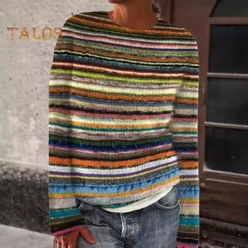 Женский свитер с круглым вырезом, длинным рукавом, графическим принтом, пуловер, свитер свободного кроя, толстый теплый трикотаж, повседневная одежда M кофейный