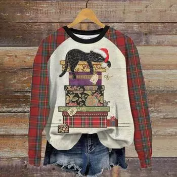 Женский свитер с круглым вырезом, футболка с клетчатыми рукавами для женщин, новая повседневная женская одежда, женская футболка с принтом кота Kawaii, пуловер 2024 S