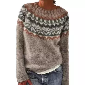 Женский свитер с круглым вырезом и длинным рукавом, в стиле пэчворк, цветной трикотажный топ, свободный крой, эластичный 3XL верблюд