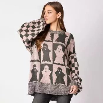 Женский свитер с круглым вырезом и длинным рукавом, эластичный трикотажный топ, свободный крой, узор в клетку, пуловер, топы, трикотаж S чёрный