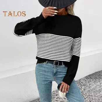 Женский свитер с круглым вырезом и длинным рукавом, контрастный цвет, вязаные топы, свободный крой, эластичный повседневный трикотаж, повседневная одежда S чёрный