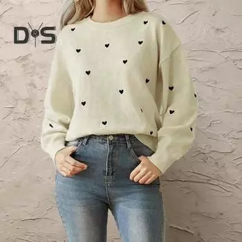 Женский свитер с круглым вырезом и длинным рукавом, эластичный трикотажный топ с узором в виде сердца, свободный крой, H-образный пуловер, топы, трикотаж S абрикосовый