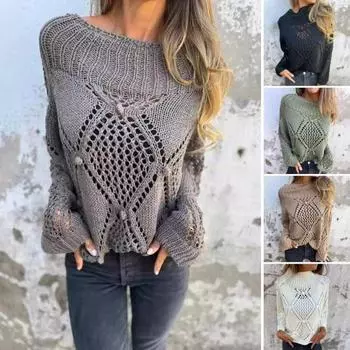 Женский свитер с круглым вырезом и длинным рукавом, ажурный дизайн, жаккардовый декор, вязаные топы, однотонный свободный покрой, повседневный свитер M слоновая кость