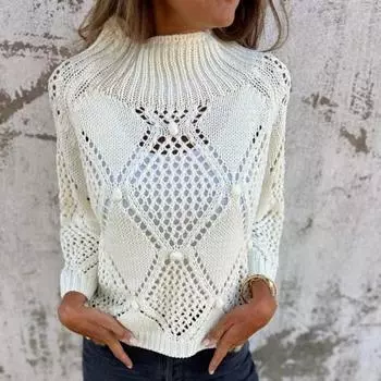 Женский свитер с круглым вырезом и длинным рукавом, ажурный дизайн, жаккардовый декор, вязаные топы, однотонный свободный покрой, повседневный свитер M зелёный