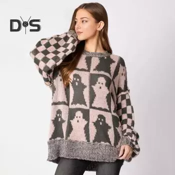 Женский свитер с круглым вырезом и длинным рукавом, эластичный трикотажный топ, свободный крой, узор в клетку, пуловер, топы, трикотаж S серый