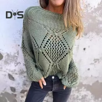 Женский свитер с круглым вырезом и длинным рукавом, ажурный дизайн, жаккардовый декор, вязаные топы, однотонный свободный покрой, повседневный свитер M зелёный
