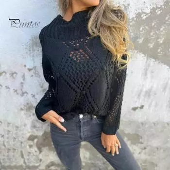 Женский свитер с круглым вырезом и длинным рукавом, ажурный дизайн, жаккардовый декор, вязаные топы, однотонный свободный покрой, повседневный свитер M серый