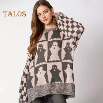 Женский свитер с круглым вырезом и длинным рукавом, эластичный трикотажный топ, свободный крой, узор в клетку, пуловер, топы, трикотаж S чёрный