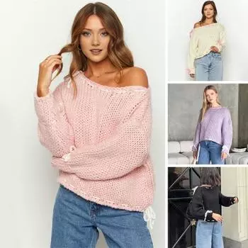 Женский свитер с круглым вырезом и длинным рукавом, трикотажные топы, однотонные, со шнуровкой и бантом, свободный крой, эластичный трикотаж S фиолетовый