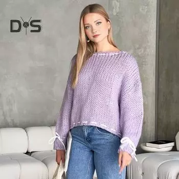 Женский свитер с круглым вырезом и длинным рукавом, трикотажные топы, однотонные, со шнуровкой и бантом, свободный крой, эластичный трикотаж S розовый